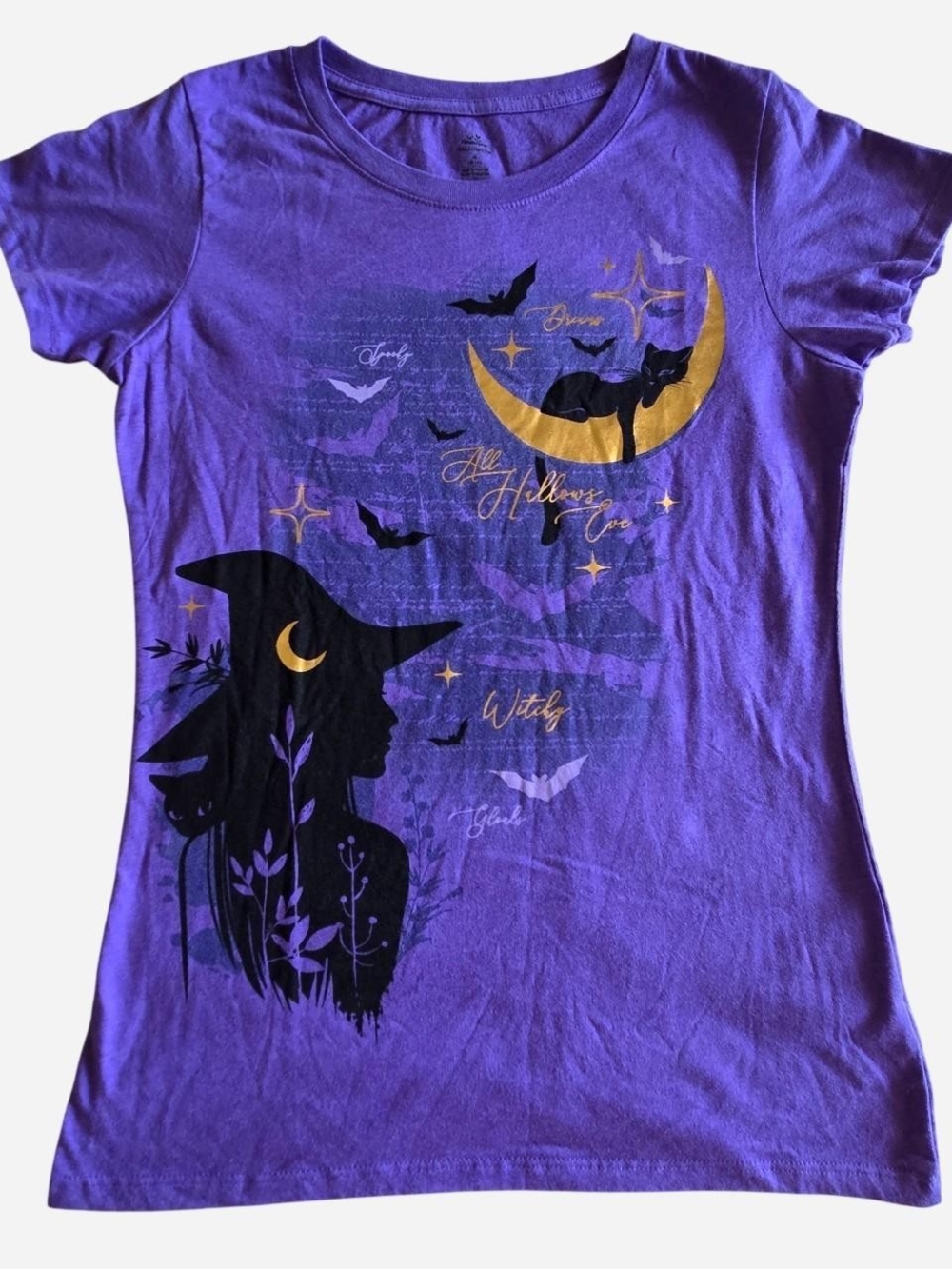 Witch Black Cat Halloween T-Shirt Whimsygoth Women's purple gold M
